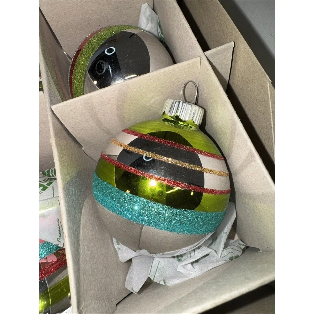 Christopher Radko SHINY BRITE Glass Ornaments Set of 9 Indents‎ Bells Striped